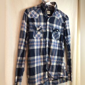 DF Indie-Go Mens Long Sleeve Button Up Blue Plaid Size Small Pearl Buttons